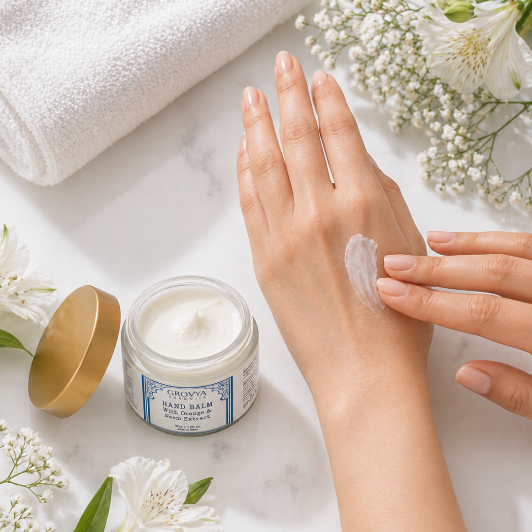 Hand Balm with Orange & Neem Extract | Ayurvedic Hand Cream with Aloe Vera, Almond Oil, & Honey | Moisturising Hand Care for Soft, Smooth & Nourished Skin | 30 g
