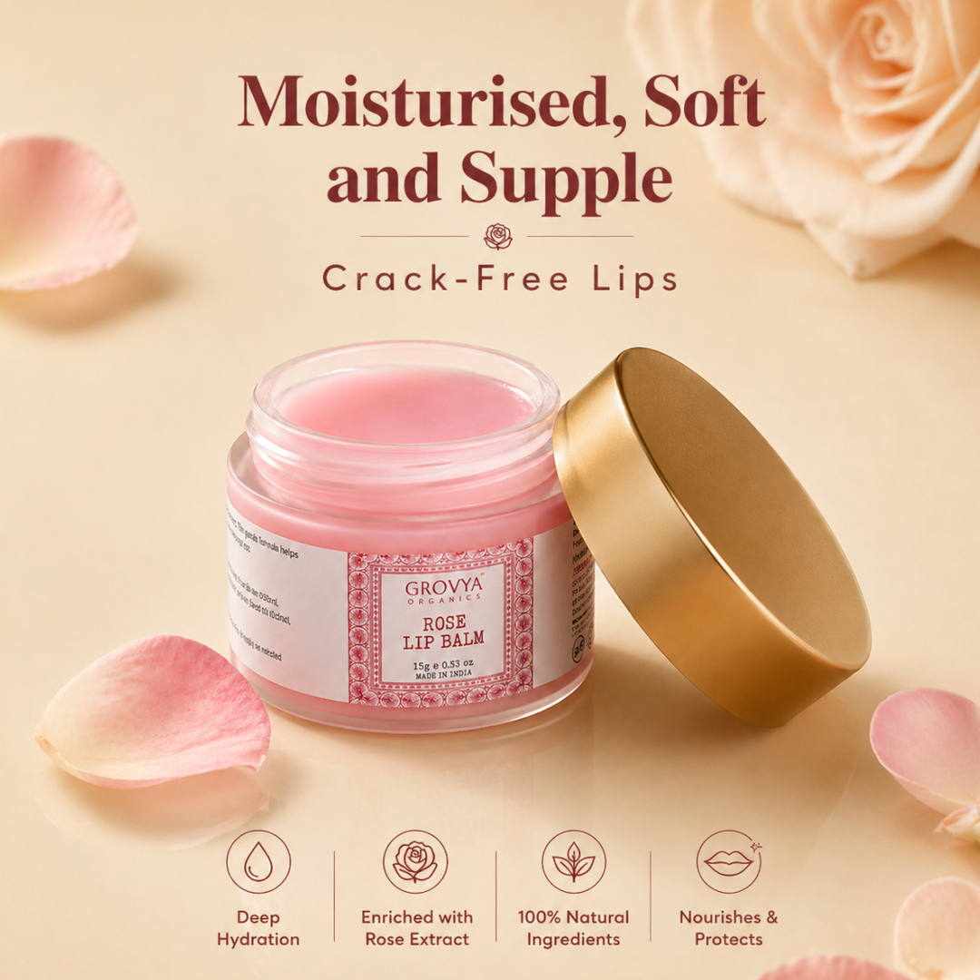 Lip Balm | Ayurvedic Herbal Lip Care with Almond Oil, Kokum Butter & Rose Extract | Botanical Lip Balm with Pomegranate, Carrot & Sesame Oils | Daily Lip Care