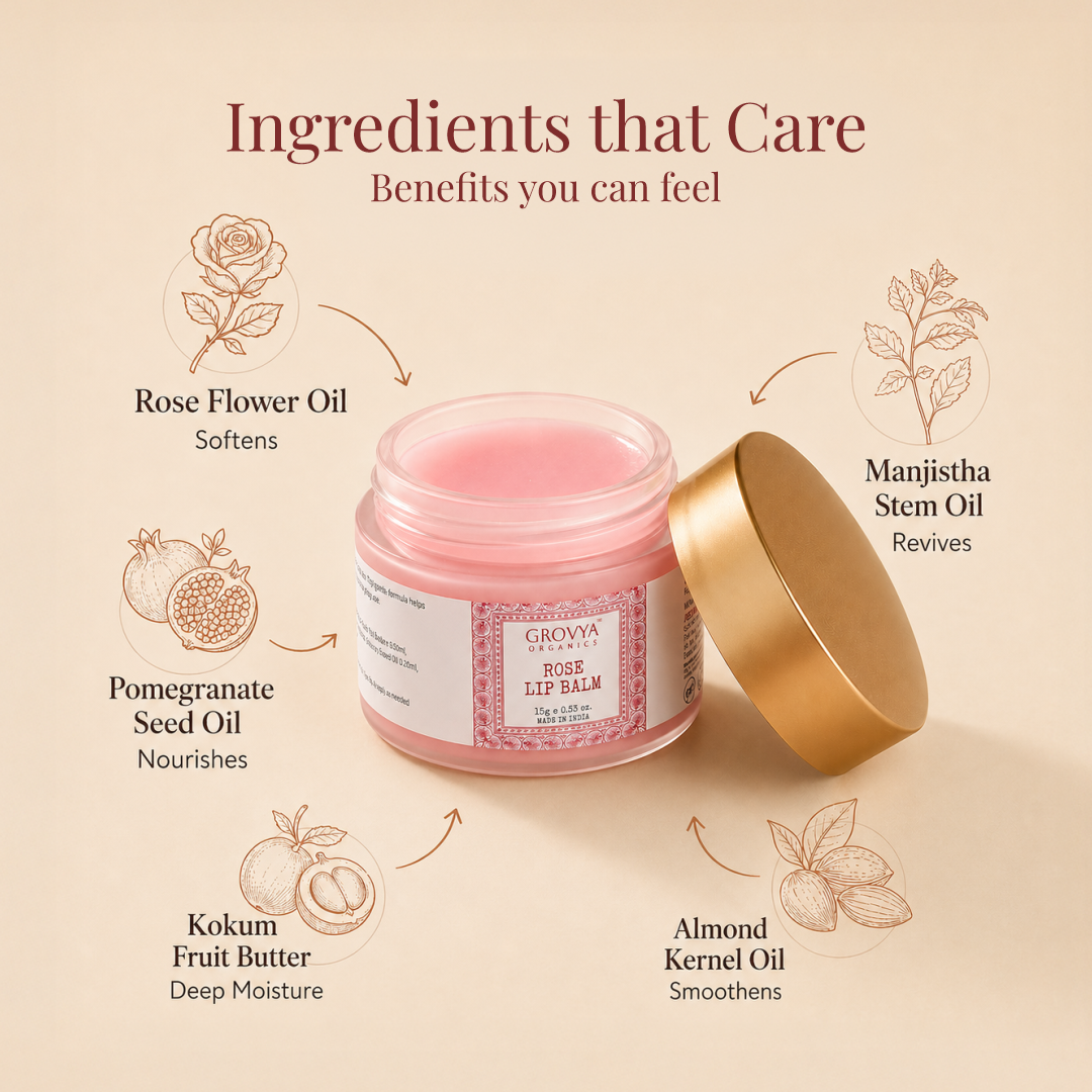 Lip Balm | Ayurvedic Herbal Lip Care with Almond Oil, Kokum Butter & Rose Extract | Botanical Lip Balm with Pomegranate, Carrot & Sesame Oils | Daily Lip Care