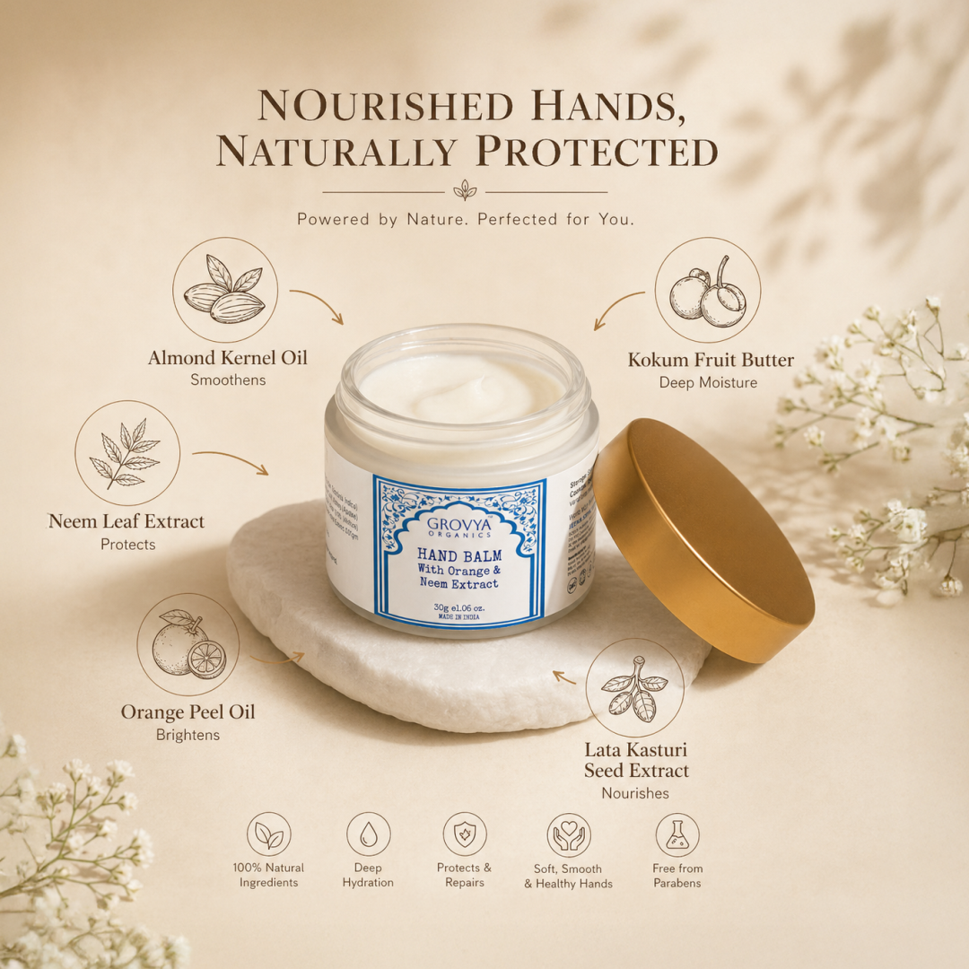 Hand Balm with Orange & Neem Extract | Ayurvedic Hand Cream with Aloe Vera, Almond Oil, & Honey | Moisturising Hand Care for Soft, Smooth & Nourished Skin | 30 g