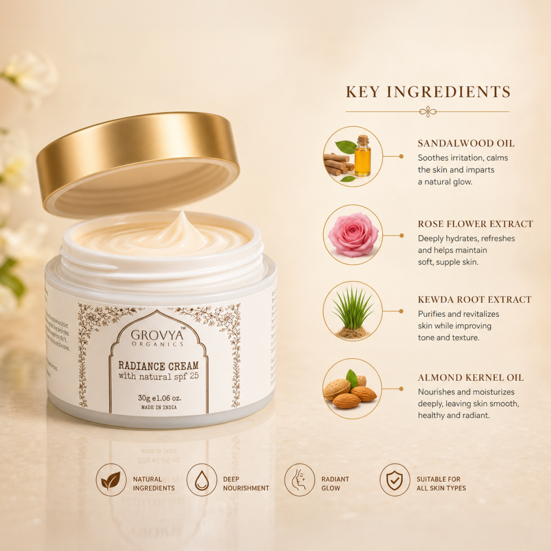Radiance Cream with Natural SPF 25 | Ayurvedic Face Cream with Aloe Vera, Sandalwood & Turmeric | Lightweight Daily Moisturiser for Glow & Sun Protection | 30 g