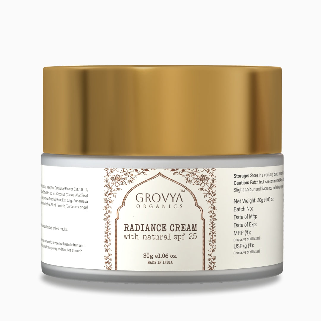 Radiance Cream with Natural SPF 25 | Ayurvedic Face Cream with Aloe Vera, Sandalwood & Turmeric | Lightweight Daily Moisturiser for Glow & Sun Protection | 30 g