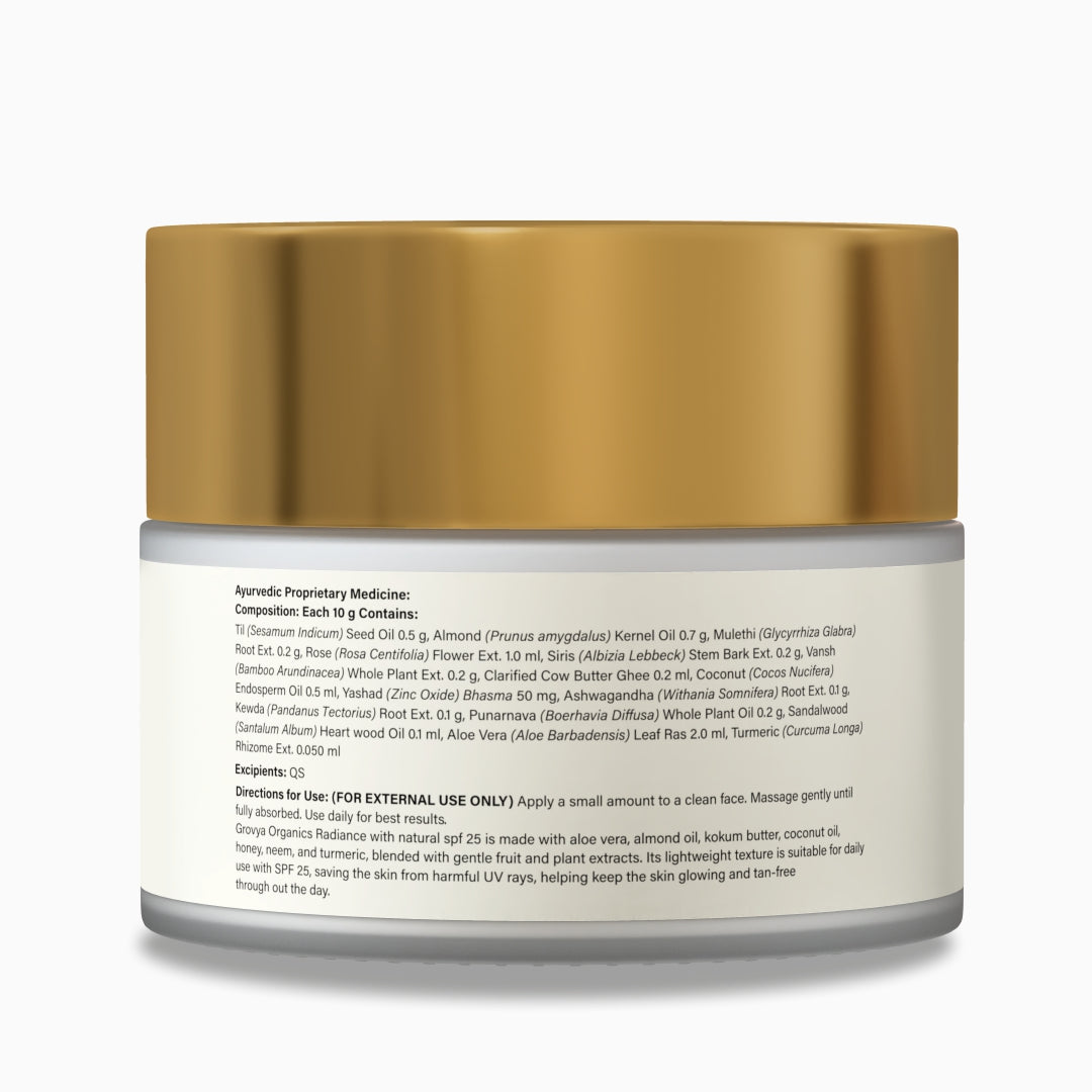 Radiance Cream with Natural SPF 25 | Ayurvedic Face Cream with Aloe Vera, Sandalwood & Turmeric | Lightweight Daily Moisturiser for Glow & Sun Protection | 30 g