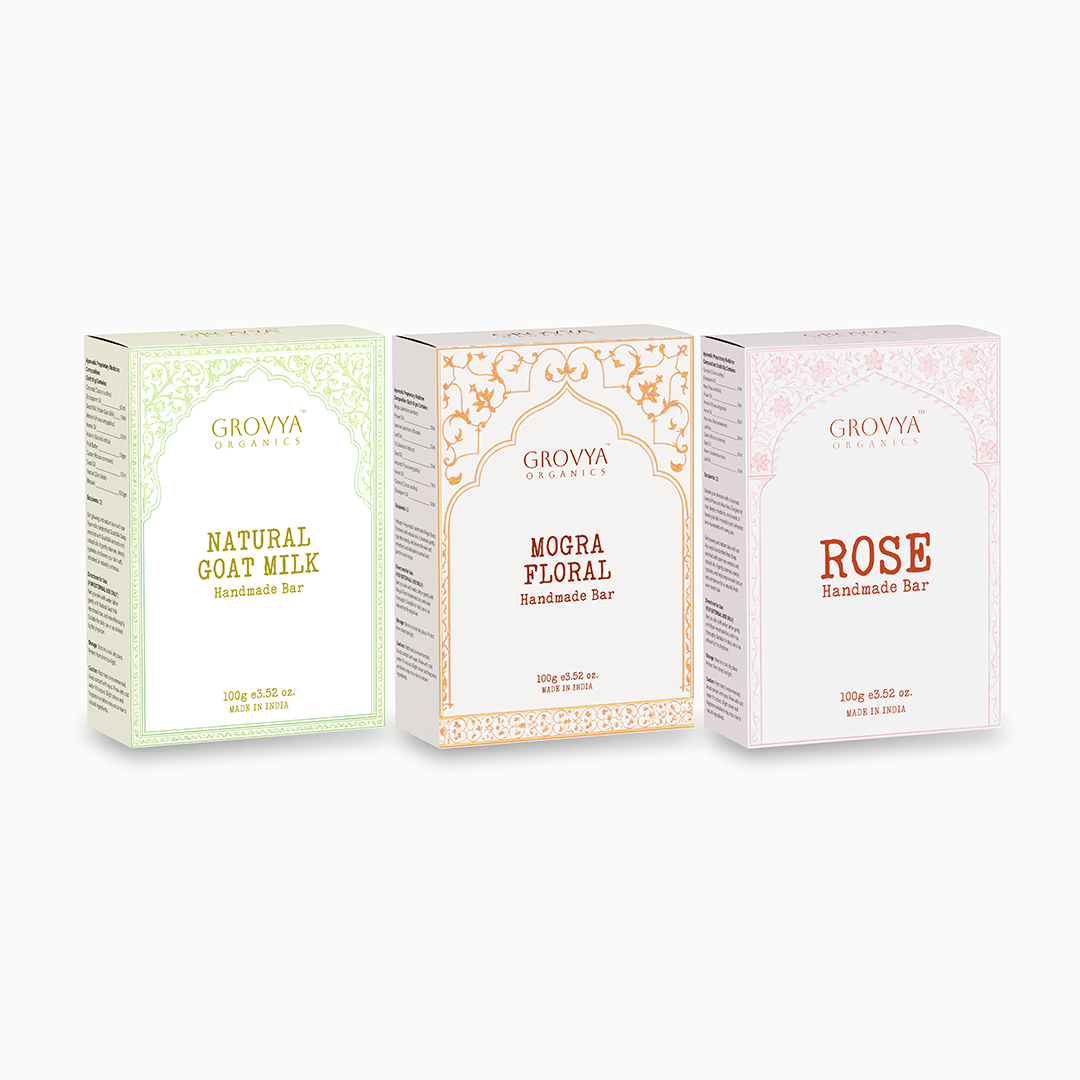Handmade Soap Combo | Pure Goat Milk, Mogra Floral & Fresh Rose Ayurvedic Bathing Bars | Complete Skin Hydration, Softness & Nourishment Kit | 3 x 100 g